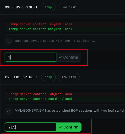 Two review cards: with Y typed the Confirm button stays disabled, with YES typed it turns green